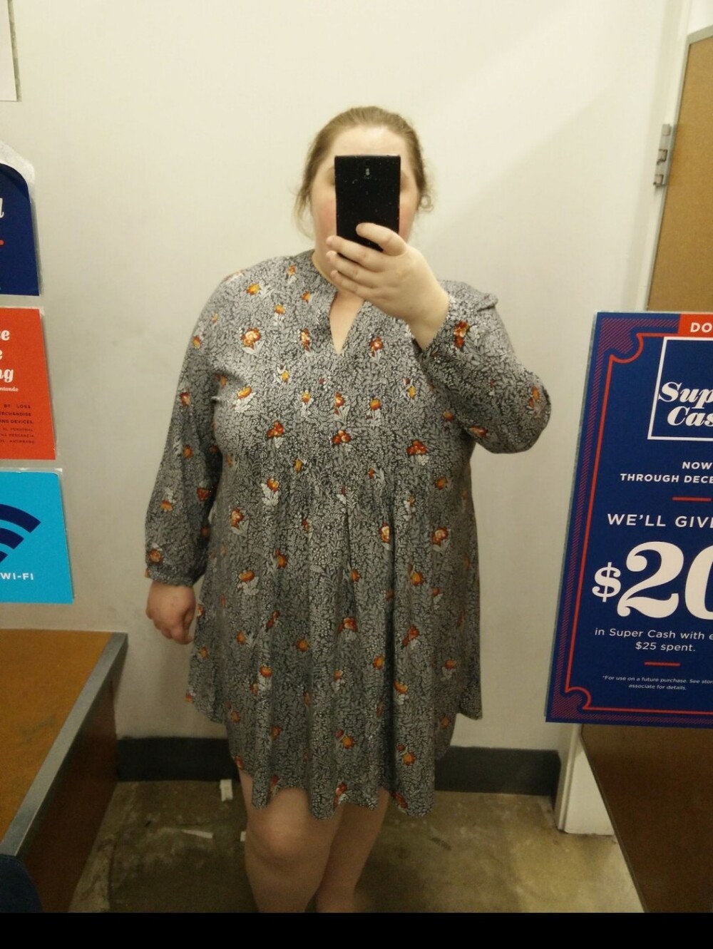 Plus Floral Long-Sleeve Shirt Dress - Navy/Orange
